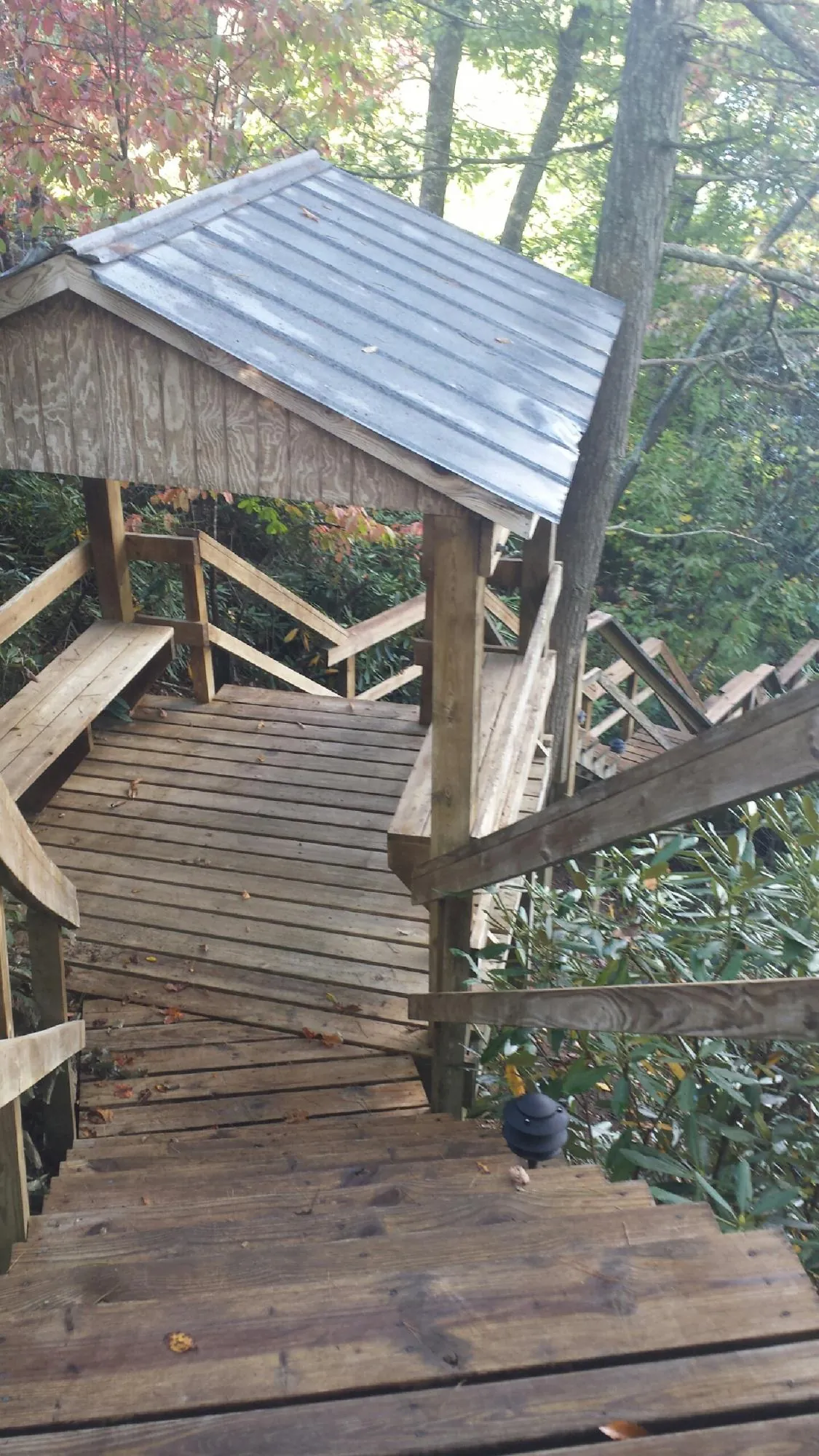 Metal roofed shelter over wooden steps on a wooded walkway — Skylight Repair & Installation work by our crew in Flomaton